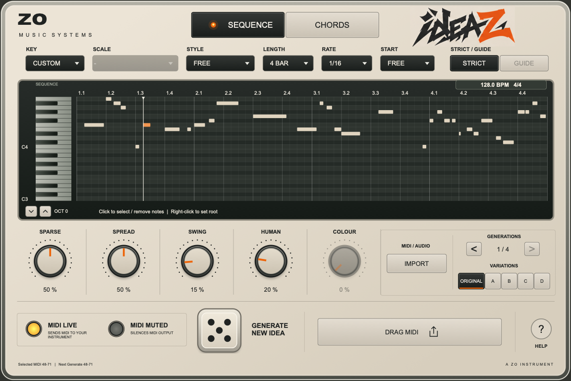 ideaZ plugin with its piano roll, generation controls and variations